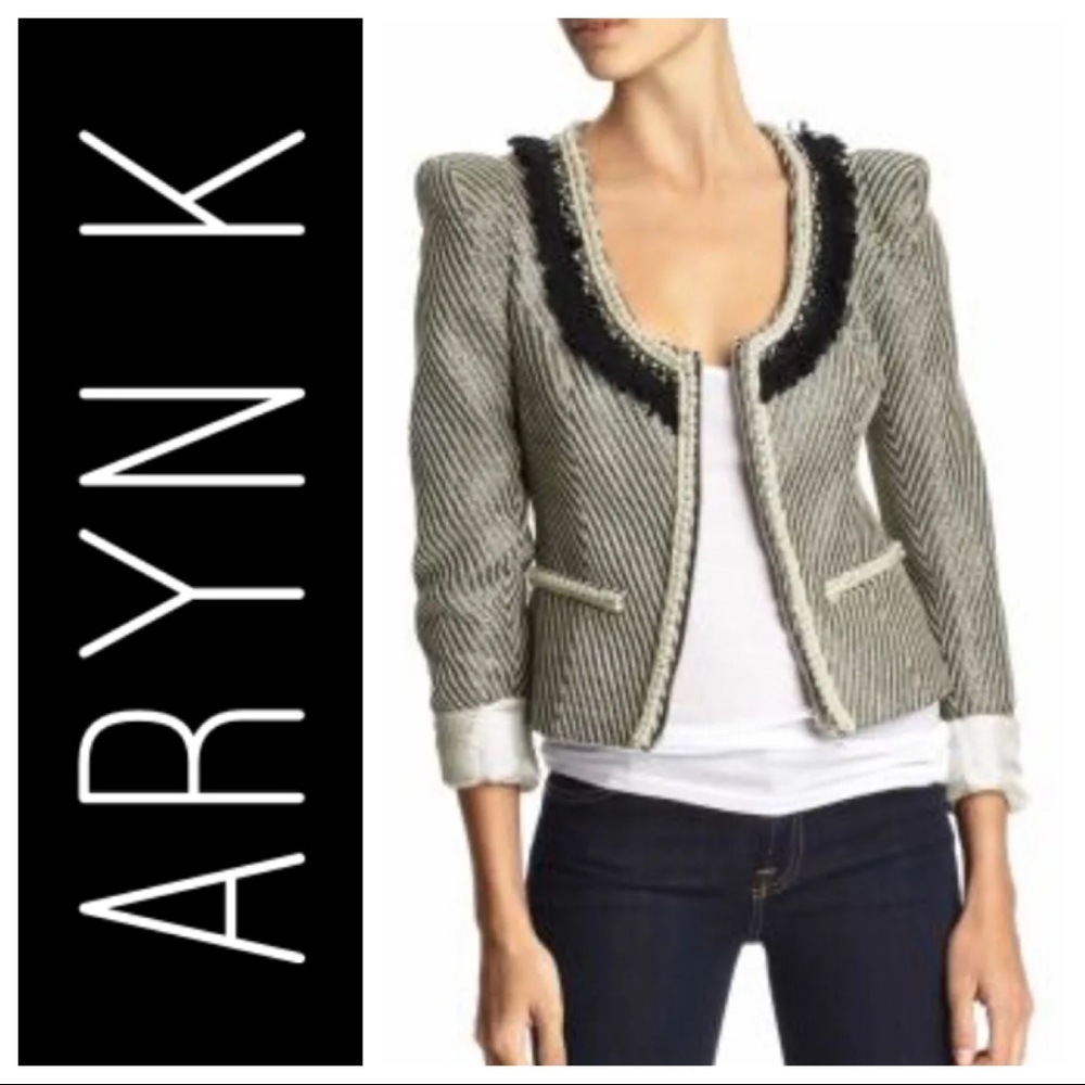 Aryn K Tweed Jacket With Pearl Trim